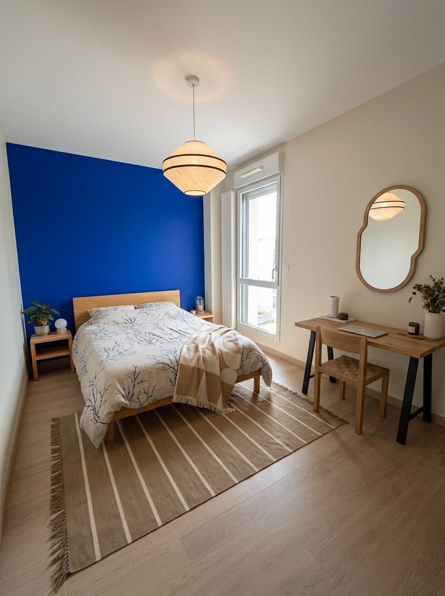 Bedroom makeover render: Yves Klein blue wall and warm oak